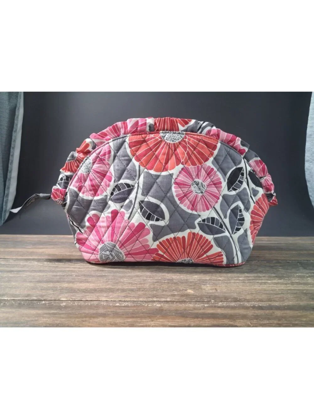 Vera Bradley Cherry Blossoms Ruffle Cosmetic Bag Quilted Makeup Travel Case Pouc